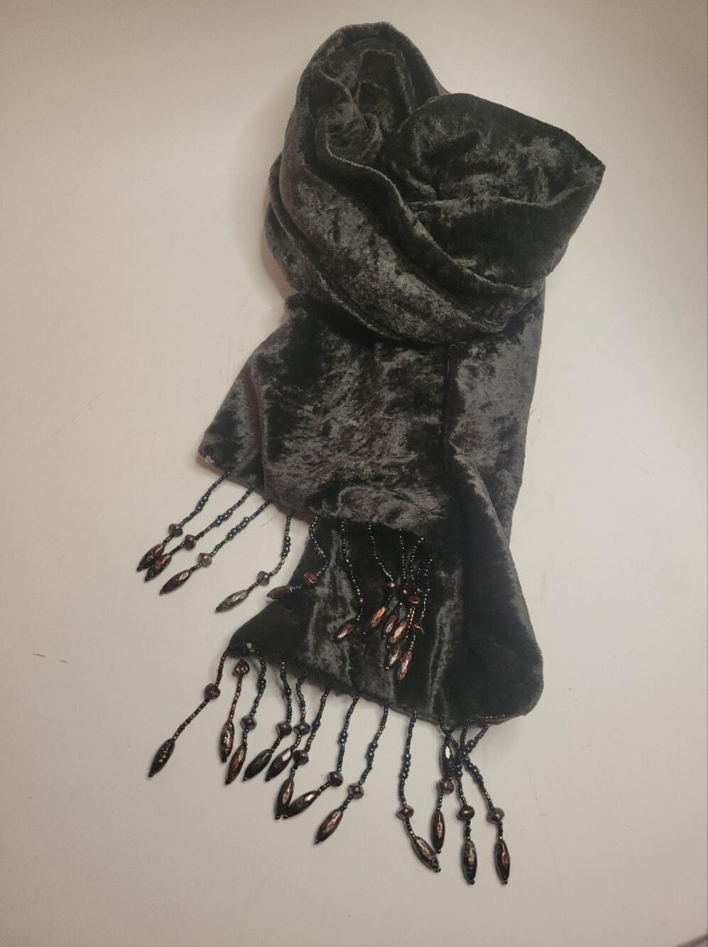 Beautiful Vintage Beaded Dark Olive Velvet Scarf